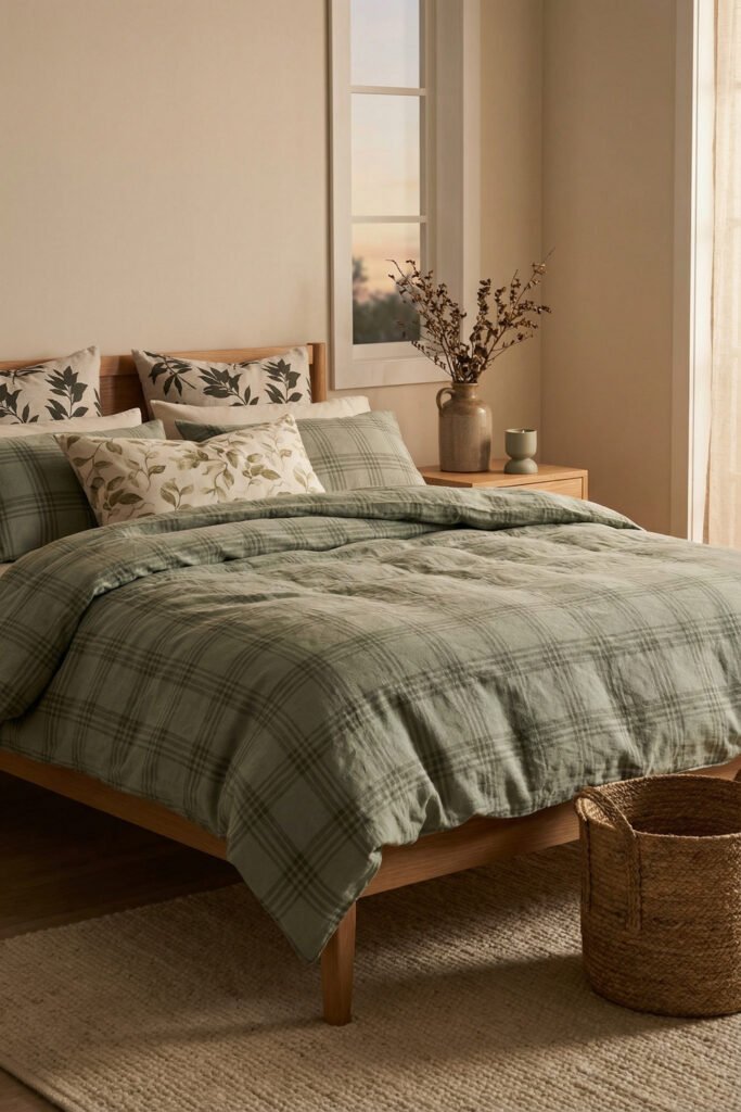 Spring Bedding Ideas for a Lighter, Fresher Bedroom 6 Warm neutral bedroom with green plaid bedding, layered leafy pillows, a wood nightstand, and woven basket for relaxed spring bedding style.