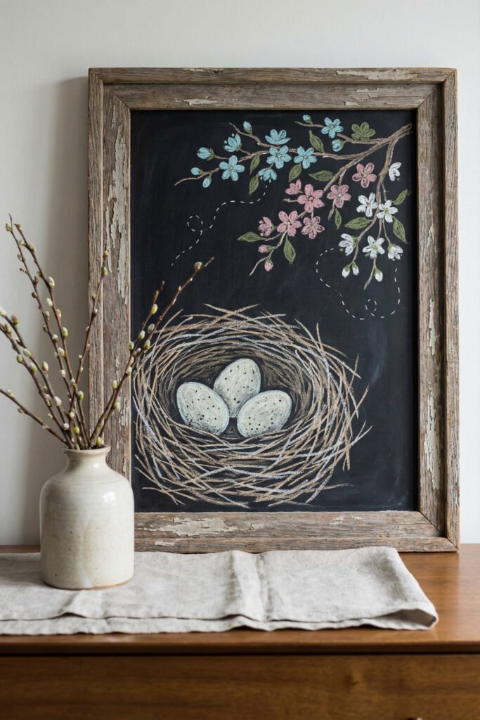 Spring Chalkboard Ideas That Feel Fresh and Easy to Style 6 Distressed wood chalkboard with a twig nest, three speckled eggs, and flowering branches, styled beside a ceramic vase on a rustic tabletop.