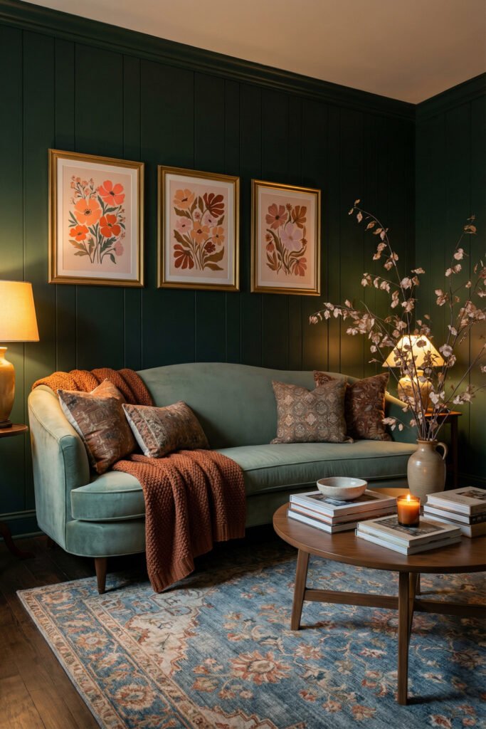 Dark green living room with curved sage sofa, floral prints, warm lamps, candlelight, and layered textures for cozy spring living room décor.

