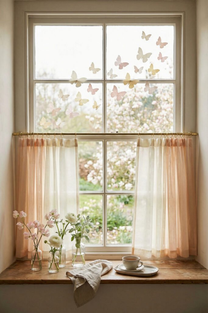 Spring Window Display Ideas For A Light-Filled Season 5 Soft pink and cream cafe curtains with pastel butterfly cutouts, bud vases, and a teacup creating a cottage-inspired spring window display.