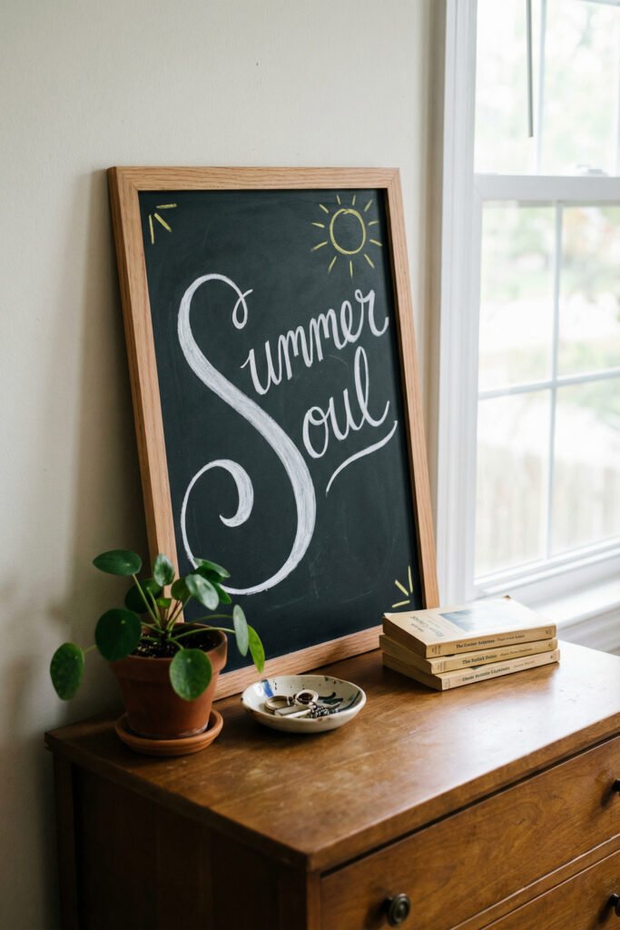Summer Chalkboard Ideas That Brighten Every Corner 7 Large chalkboard reading Summer Soul leaning on a wooden dresser beside a small plant, key dish, and stacked books by a window.