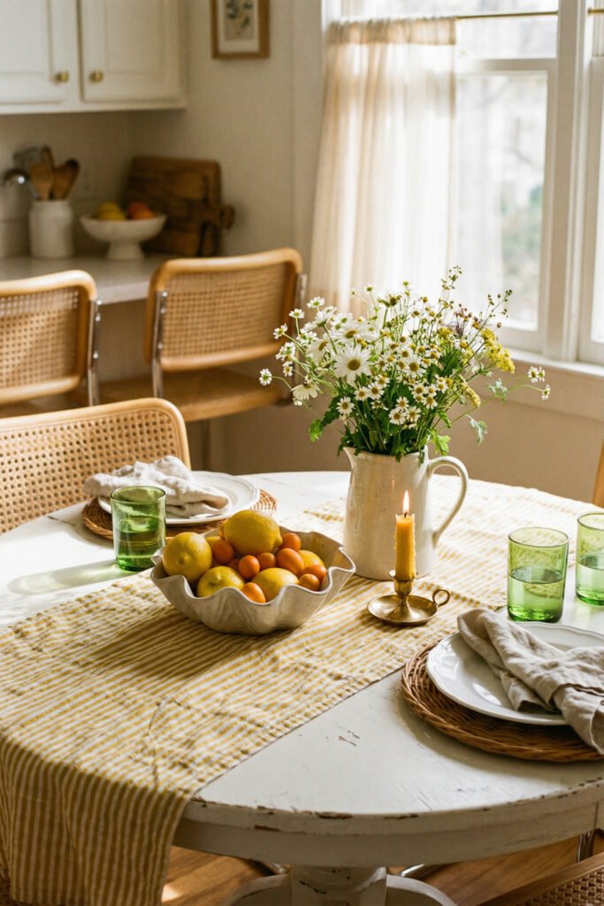 Summer Décor Ideas for an Airy, Collected Home 6 Cozy round dining table with yellow striped cloth, citrus bowl, green glasses, daisies, and candlelit accents in relaxed summer decor.