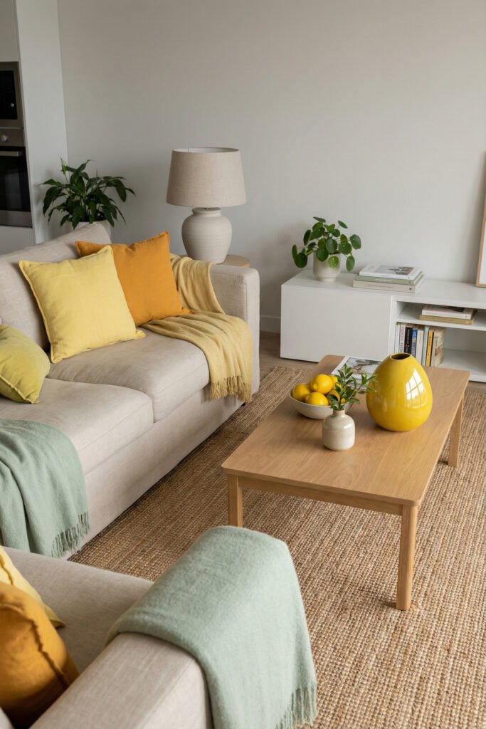 Minimal living room with lemon yellow accents, mint throw, beige sofa, wood coffee table, and jute rug in a simple summer palette.
