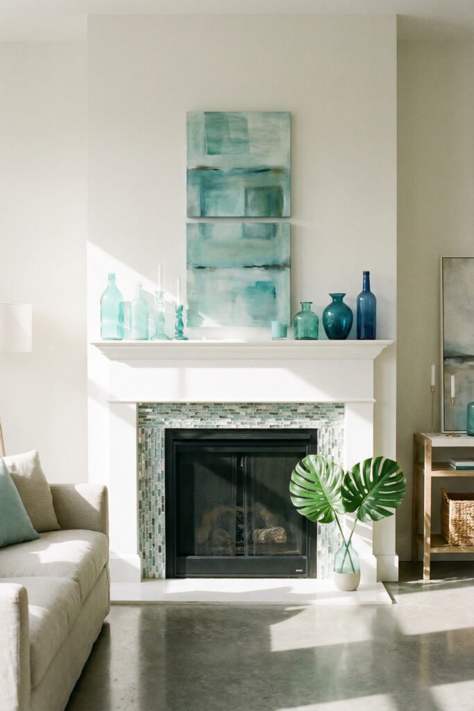 Bright fireplace mantel with stacked aqua artwork, sea-glass bottles, green tile surround, and tropical leaves for fresh colorful summer mantle décor.
