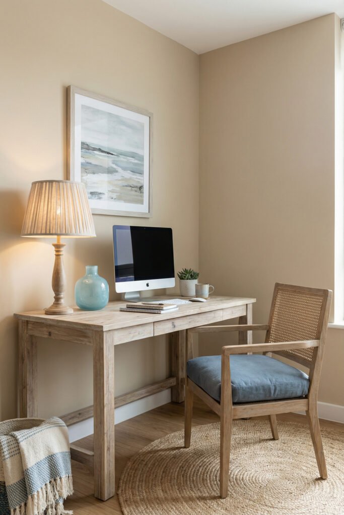 Minimal wood desk with pleated lamp, blue vase, cane armchair, and jute rug in a soft beige room for relaxed Summer Office Decor.
