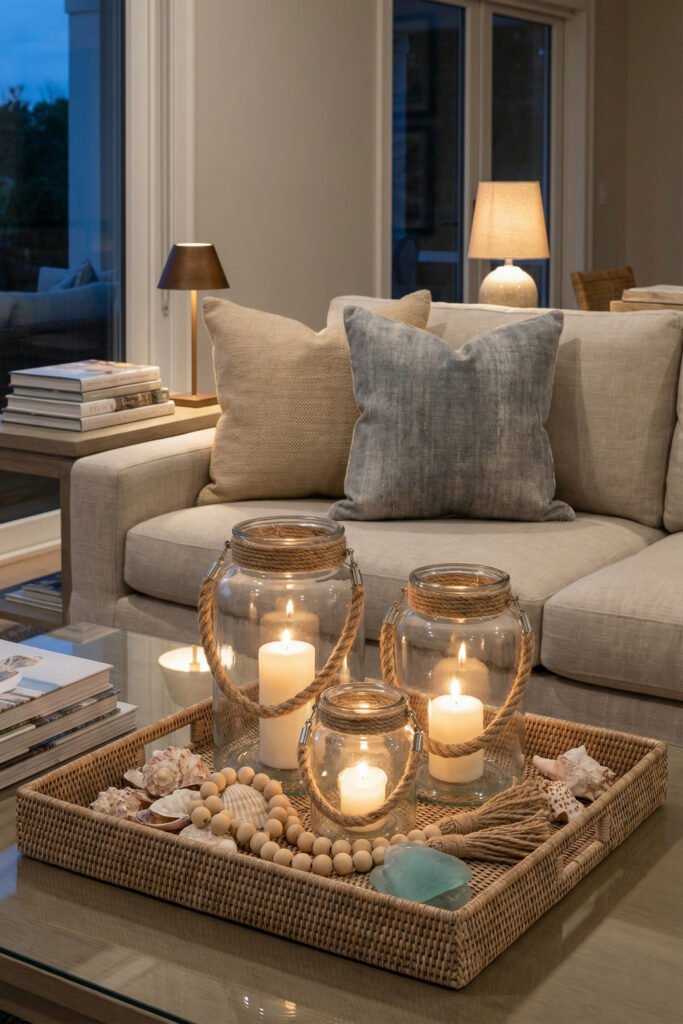 Diy Beach Decor That Feels Fresh for Summer 8 Glass lantern candles with rope handles on a woven tray atop a glass coffee table at dusk, layered DIY beach decor for a living room.