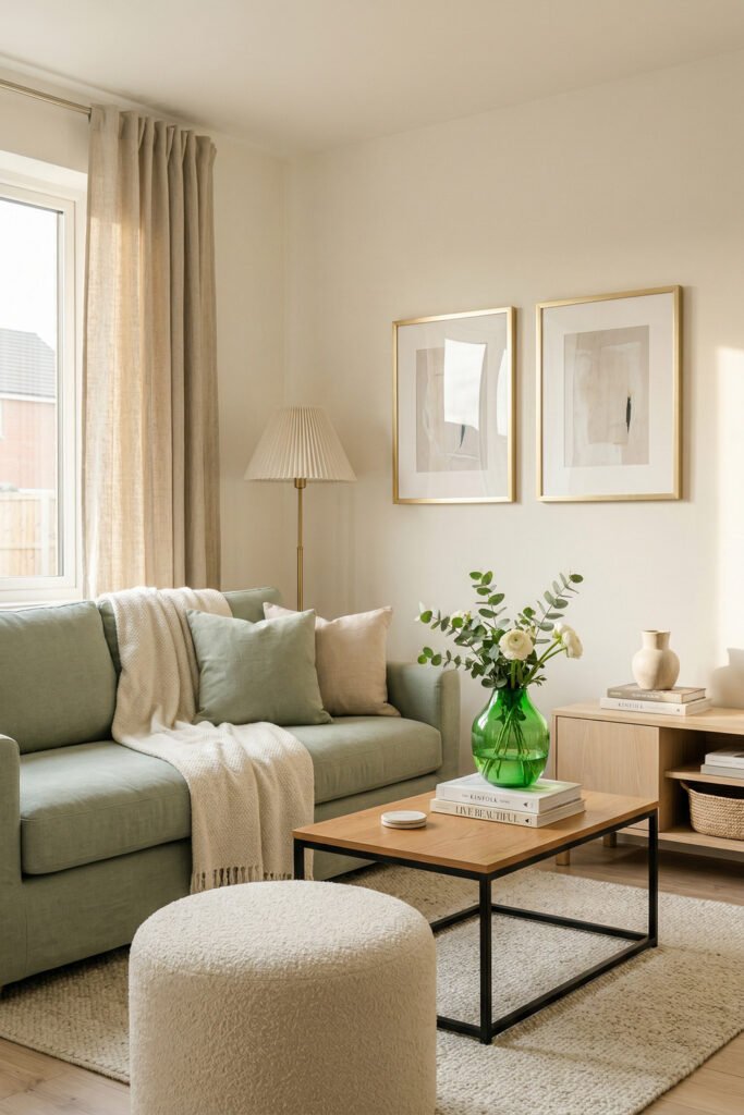 Green And Gold Room Ideas For A Stylish Living Room 9 Pale green sofa with cream throw, wood coffee table, boucle ottoman, green glass vase, and gold-framed art in a serene space.