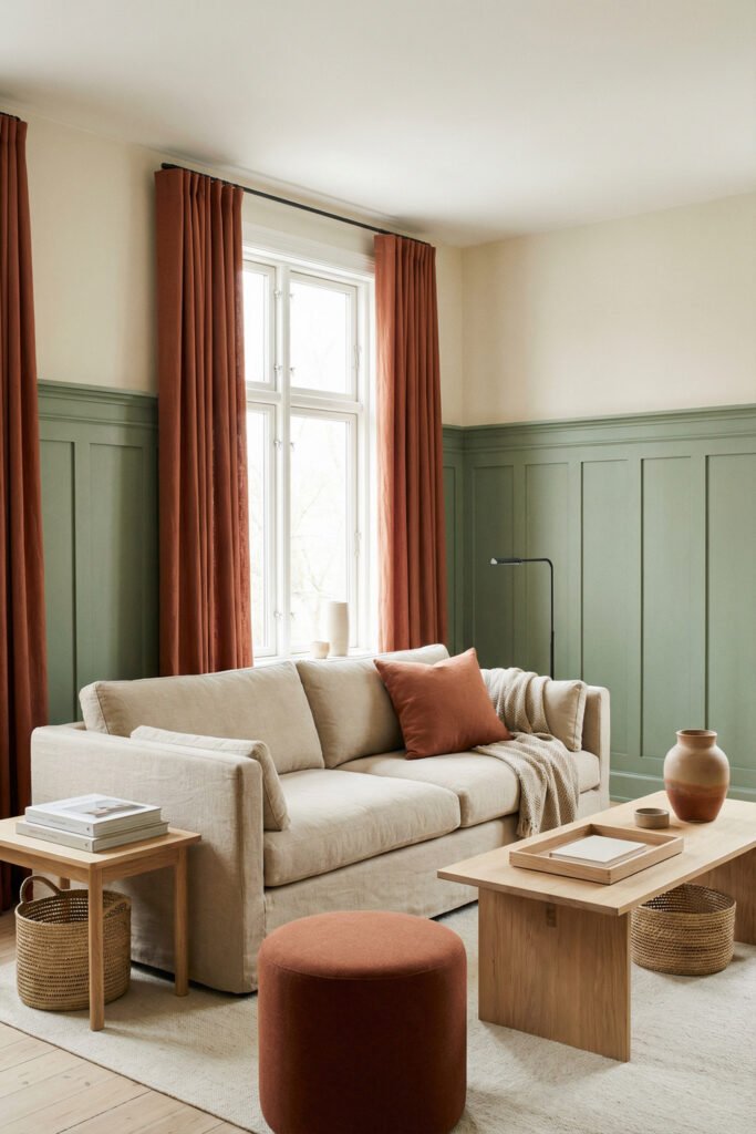 Fresh green and rust living room with sage wainscoting, cream sofa, rust ottoman, rust curtains, light wood coffee table, and soft neutral layers.
