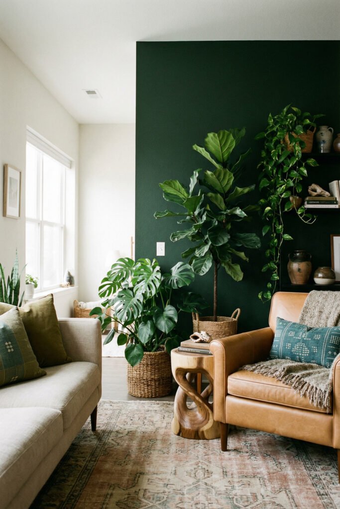 Green Boho Living Room Ideas With Relaxed Style 9 Cozy green boho living room with deep green accent wall, tan leather chair, leafy plants, beige sofa, wood stool, and vintage rug.