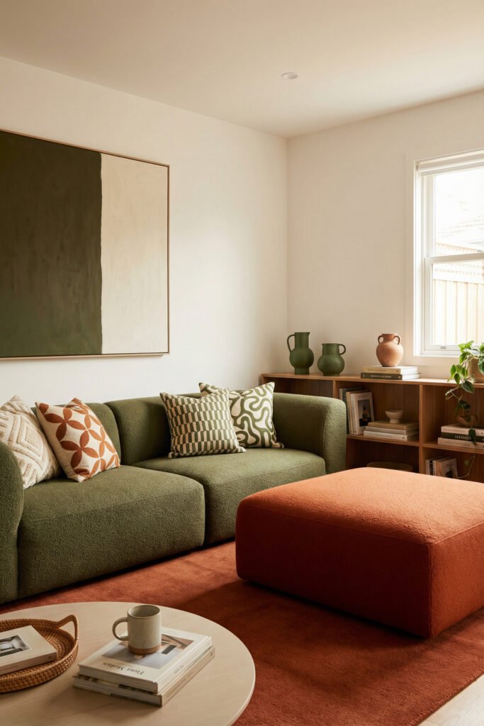 Green Burnt Orange Living Room Ideas With Rich, Easy Style 8 Textured olive sofa, burnt orange ottoman, rust rug and wood shelving create a modern green burnt orange living room