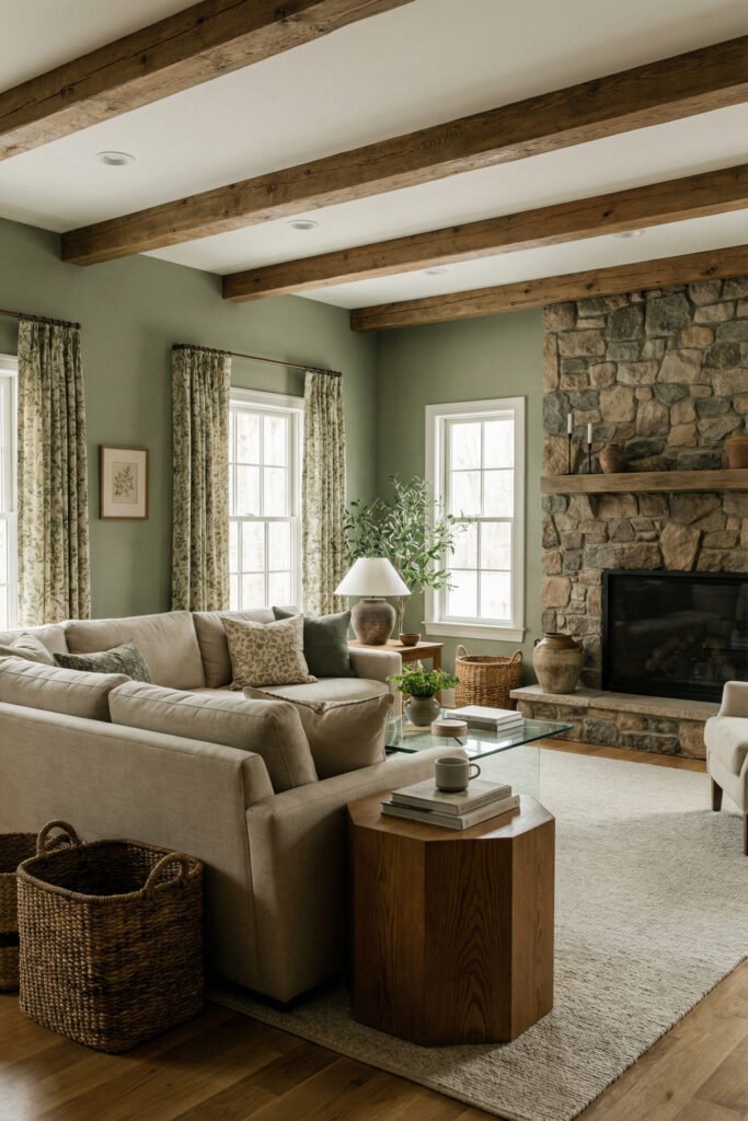 Sage Green Lounge Ideas for a Calm, Collected Living Room 8 Warm rustic living room with sage walls, timber beams, stone fireplace, cream sectional, floral drapes, and woven baskets for timeless green decor.