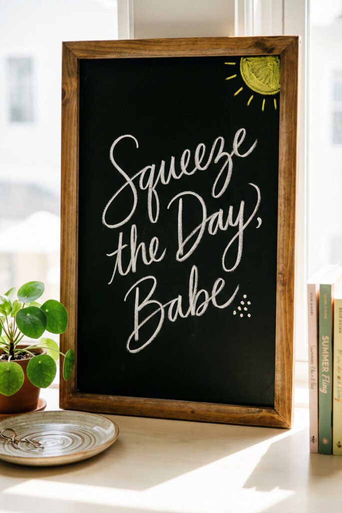 Summer Chalkboard Ideas That Brighten Every Corner 8 Dark wood framed chalkboard saying Squeeze the Day, Babe on a bright shelf with plant, dish, and pastel books.
