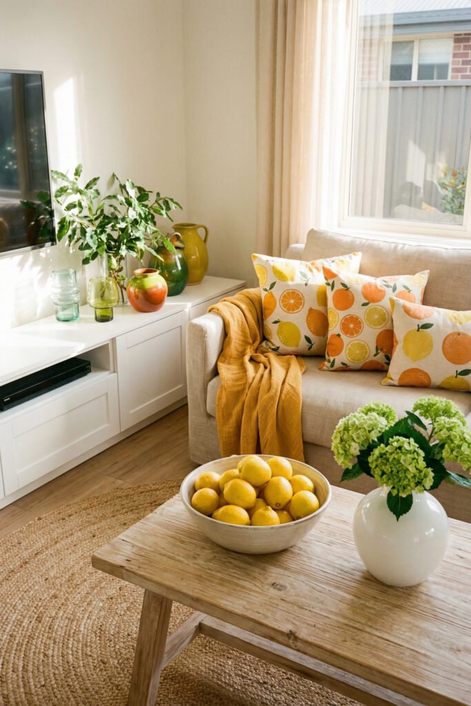 Citrus-inspired living room with fruit print pillows, bowl of lemons, mustard throw, and green hydrangeas on a rustic wood coffee table.

