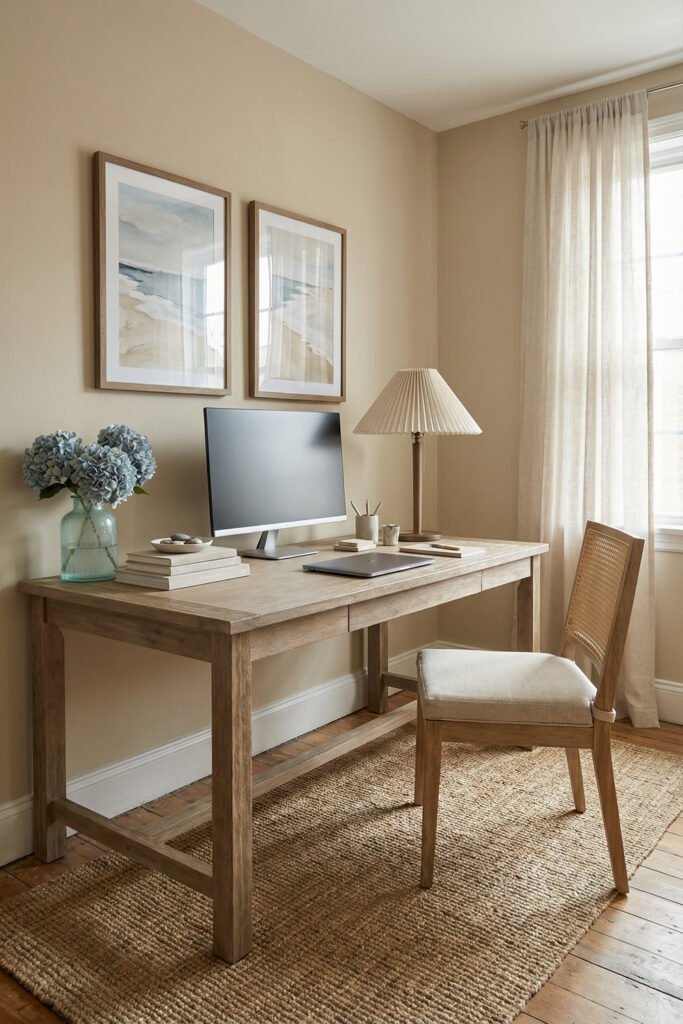 Large wood desk with hydrangeas, pleated lamp, coastal art, and woven rug in a serene neutral office styled for Summer Office Decor.
