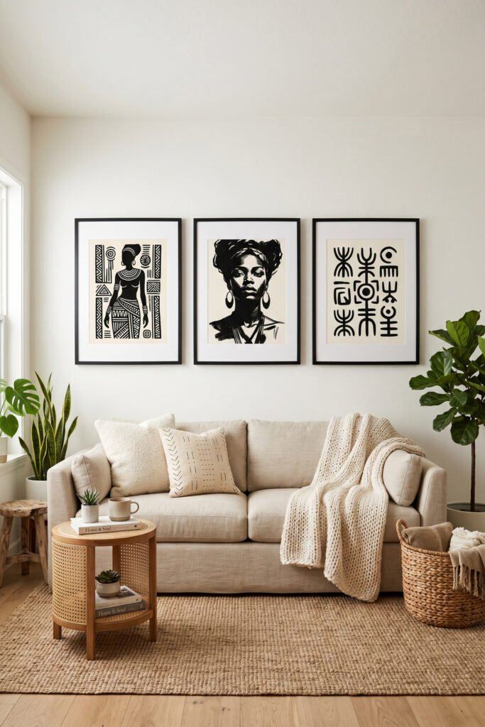 Neutral living room with three black and white Afro Art prints above a cream sofa, knit throw, woven side table, natural rug, and leafy plants
