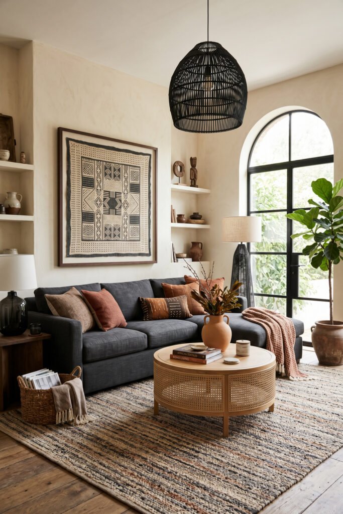 Charcoal sofa with rust pillows, framed mudcloth textile art, black woven pendant, cane coffee table, and arched window in an Afro Boho Decor living room.
