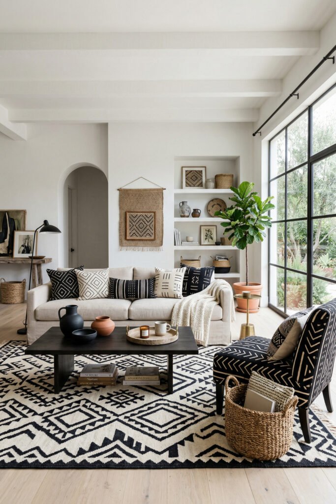 Bright Afro Boho living room with black and white patterned rug, matching pillows, woven wall hanging, built-ins, and large black-framed windows.
