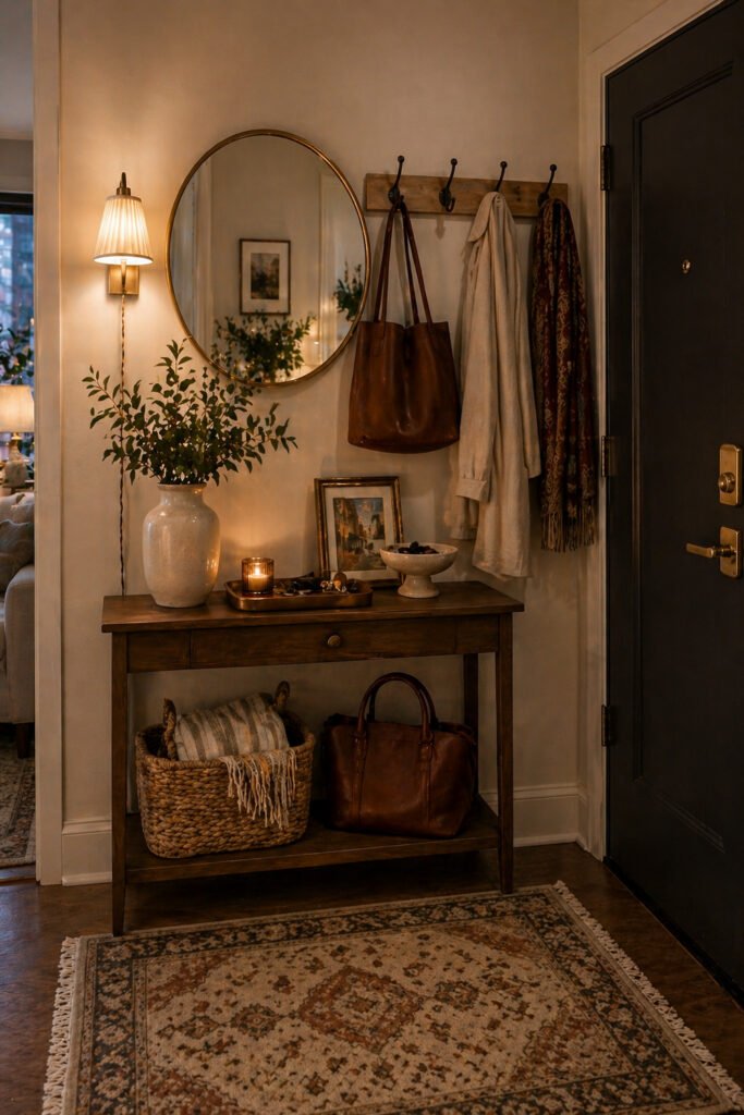 Moody apartment entryway with round mirror, wood console, wall hooks, basket storage, and warm apartment vibes decor ideas
