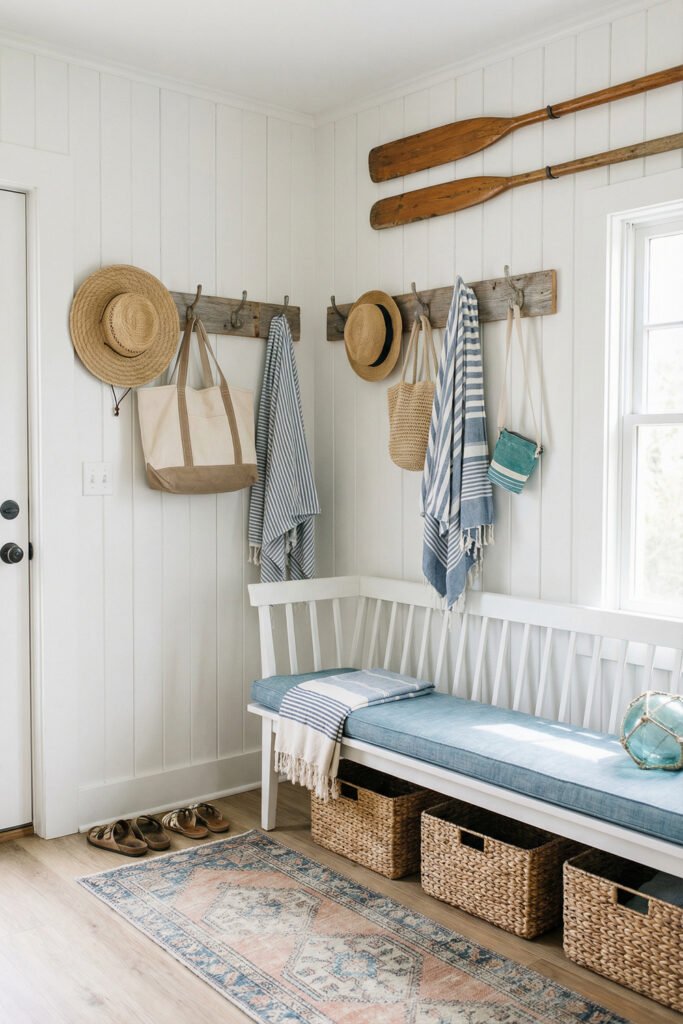 Beach Cottage Decor That Feels Fresh for Summer 6 White mudroom with bench, woven baskets, straw hats, striped towels, vintage rug, and paddles showing practical beach cottage decor for summer entry storage.