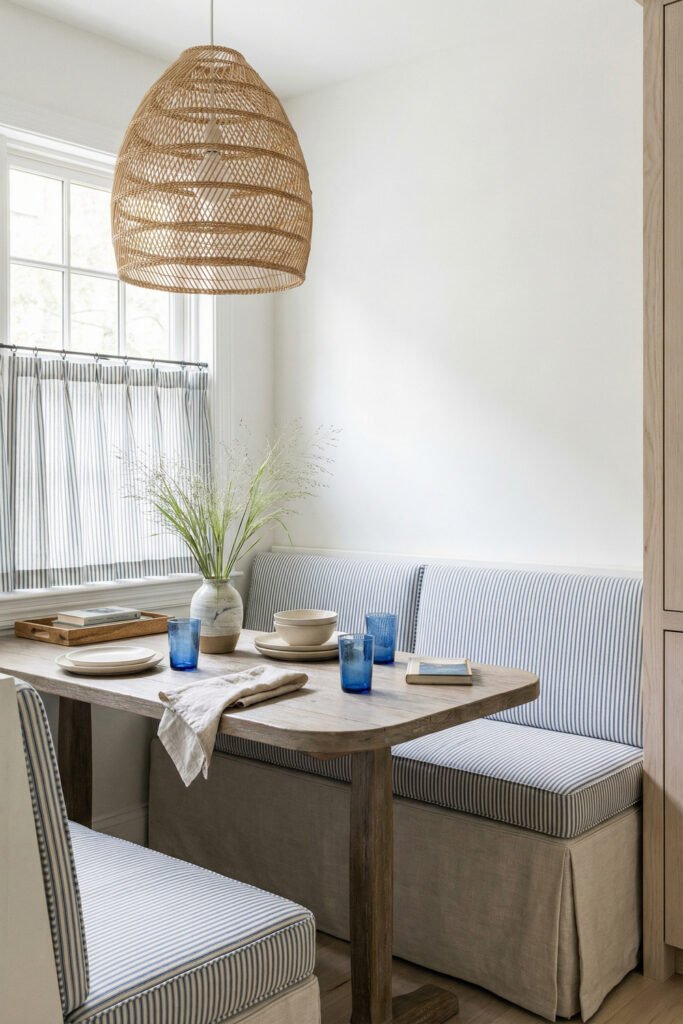 Coastal Summer Aesthetic Ideas for a Breezy Apartment 8 Breakfast nook with blue striped banquette seating, rustic wood table, wicker pendant, and blue glasses for a casual coastal summer aesthetic.