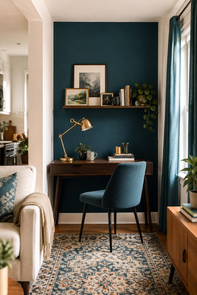 Small apartment desk nook with teal accent wall, velvet chair, brass lamp, shelf art, plants, and decor ideas with personality
