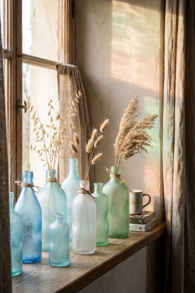 Diy Beach Decor That Feels Fresh for Summer 9 Frosted blue and seafoam glass bottles with dried grasses on a sunny wooden windowsill, breezy DIY beach decor centerpiece.