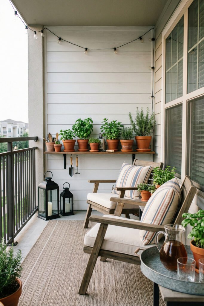 Narrow apartment balcony with wood chairs, striped pillows, herb pots, lanterns, string lights, and a drink tray styled with farmhouse summer decor charm.
