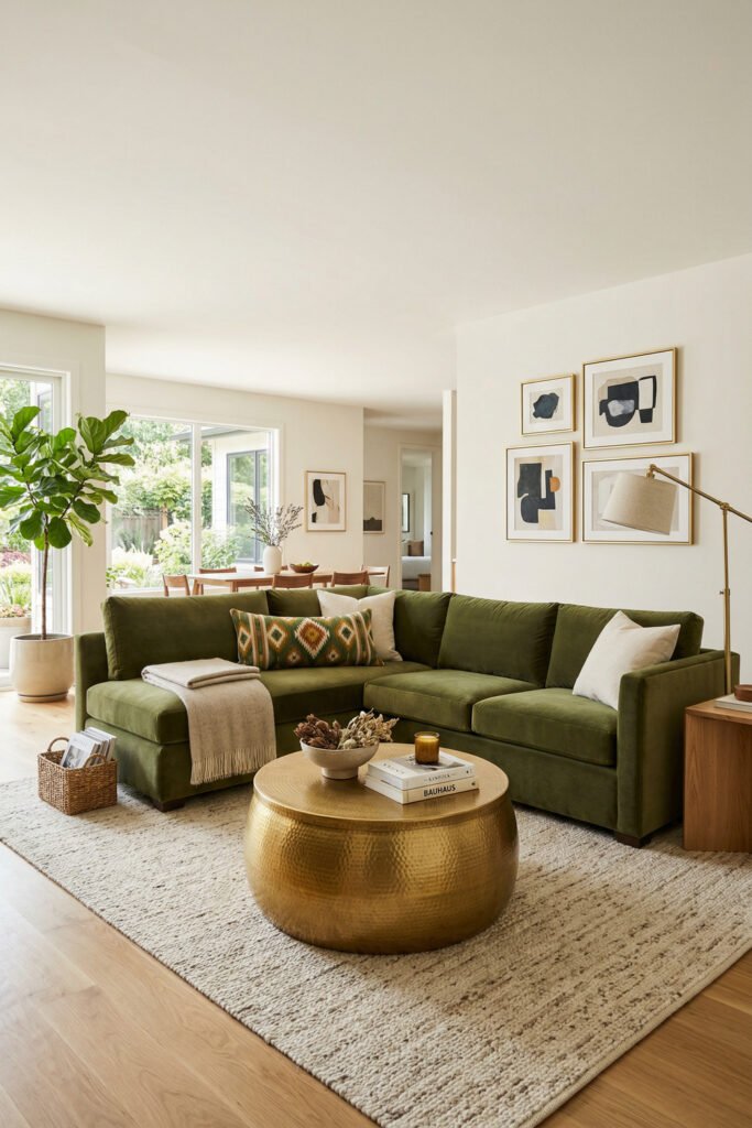 Green And Gold Room Ideas For A Stylish Living Room 10 Olive green sectional with brass drum coffee table, cream rug, abstract gallery wall, and airy open-plan living room styling.
