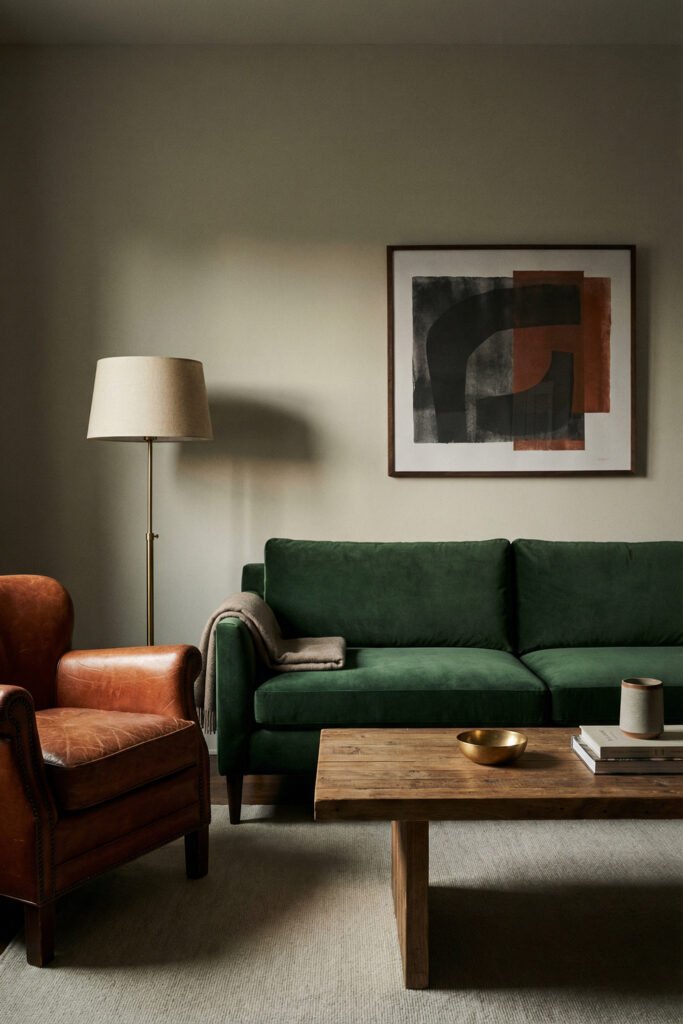 Moody green and rust living room with a deep green sofa, brown leather chair, rustic wood coffee table, abstract art, and soft lamp lighting.
