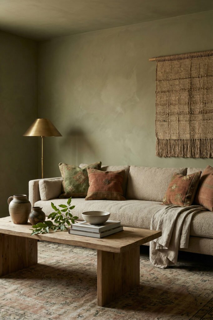Green Boho Living Room Ideas With Relaxed Style 10 Earthy green boho living room with olive plaster wall, cream sofa, wood coffee table, brass lamp, woven wall art, and rust pillows.