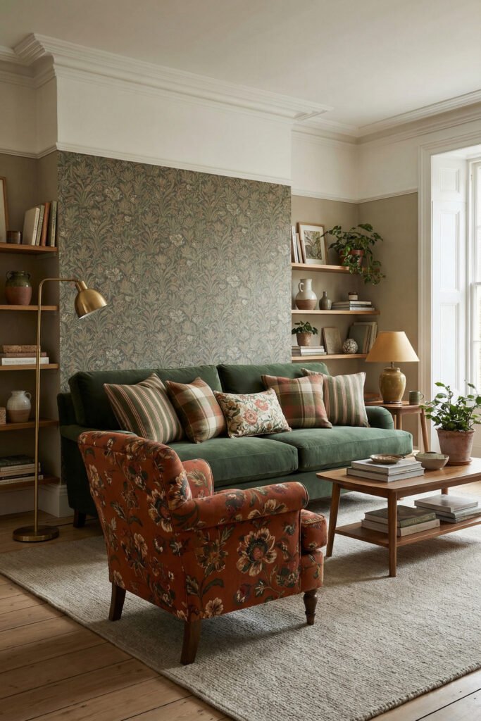 Green Burnt Orange Living Room Ideas With Rich, Easy Style 9 Green sofa, floral burnt orange armchair, patterned wallpaper and brass lighting in a layered green burnt orange living room