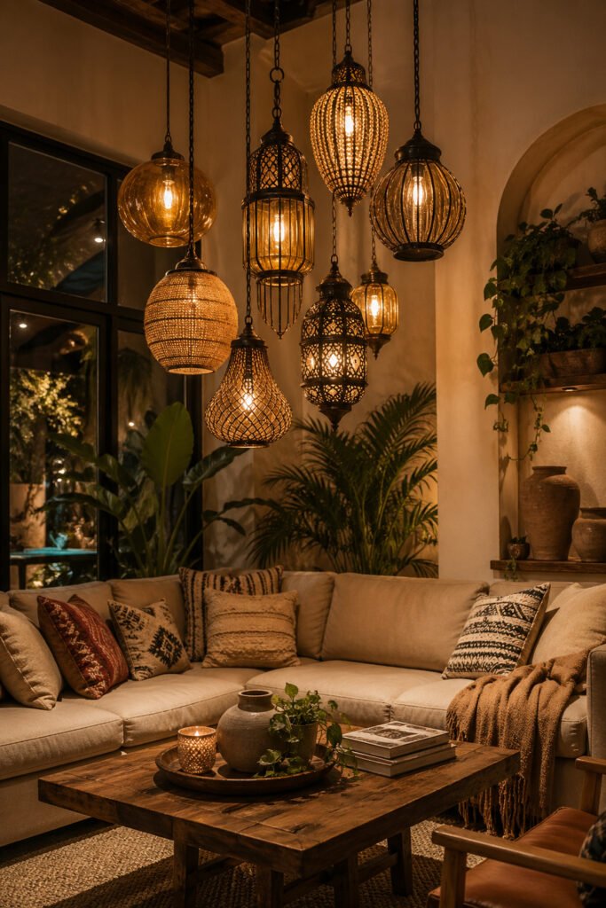 Boho living room with layered hanging lanterns, patterned pillows, plants, and warm amber light for cozy apartment style.
