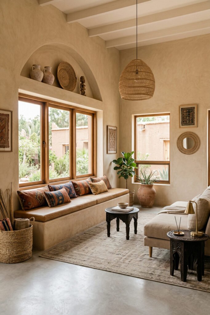 Window seat living room with built-in bench, neutral upholstery, carved side tables, woven pendant, and desert-toned accents in Nubian Style.

