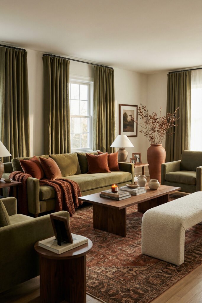 Olive Green Decor Ideas For A Layered Living Room 9 Layered living room with olive sofa and chairs, rust pillows, candlelight, dark curtains, and a vintage rug for warm olive green decor.
