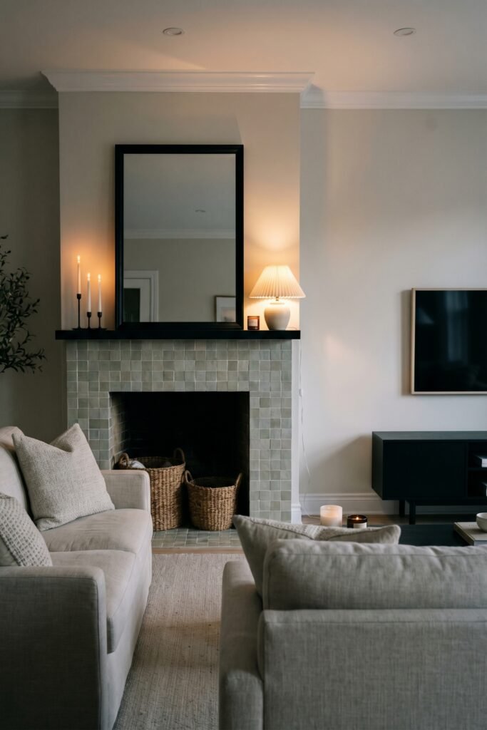 Sage Green And Black Living Room Ideas for a Layered Look 7 Calm living room with a sage tiled fireplace, black mantel and mirror, cream seating, candles, and a black media console for a refined layered scheme.