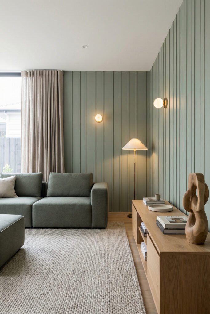 Sage Green Lounge Ideas for a Calm, Collected Living Room 9 Modern living room with vertical sage paneling, modular sofa, globe sconces, wood media console, and textured rug in a clean contemporary layout.