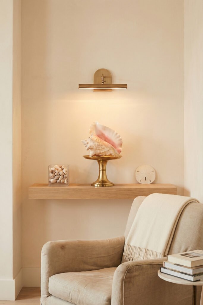 Conch shell on a brass pedestal styled on a floating shelf under a picture light beside a cube of shells and sand dollar, an elevated seashell display.

