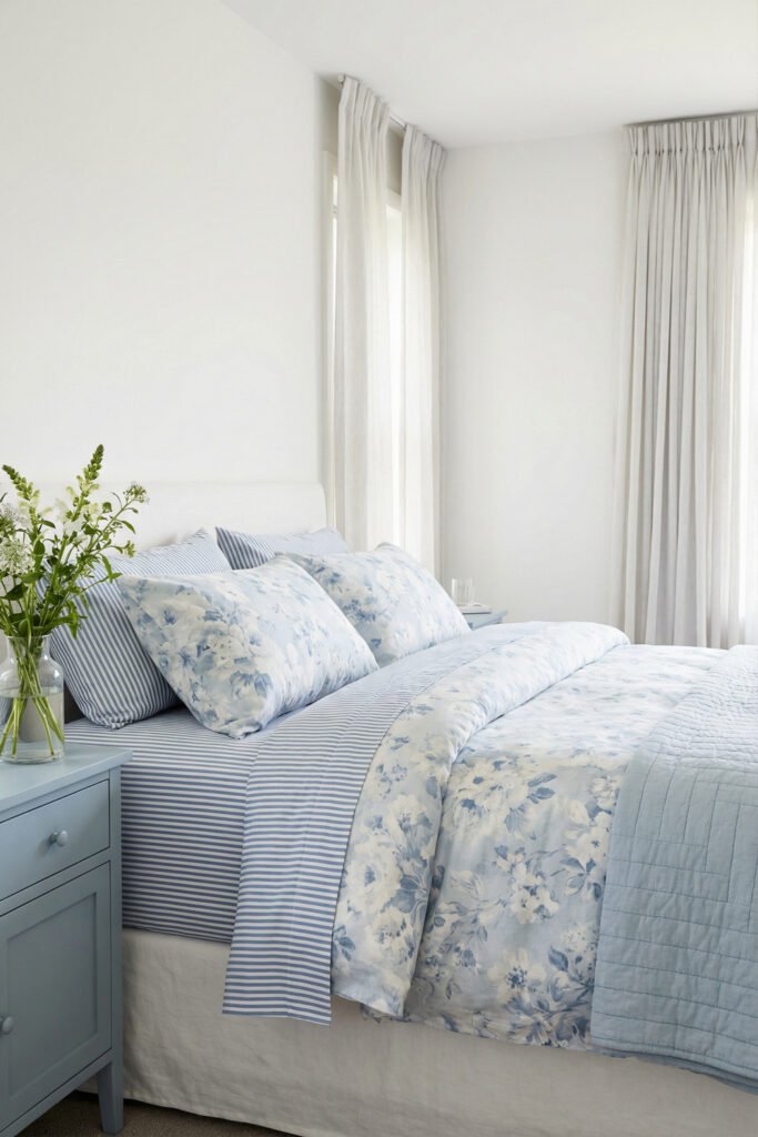 Spring Bedding Ideas for a Lighter, Fresher Bedroom 7 Airy white bedroom with blue floral bedding, striped sheets, pale blue quilt, and soft curtains for fresh, classic spring bedding inspiration.