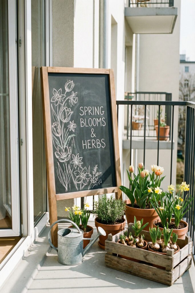 Spring Chalkboard Ideas That Feel Fresh and Easy to Style 7 Balcony chalkboard easel with floral sketches and “Spring Blooms & Herbs” surrounded by potted bulbs, tulips, herbs, and a metal watering can.