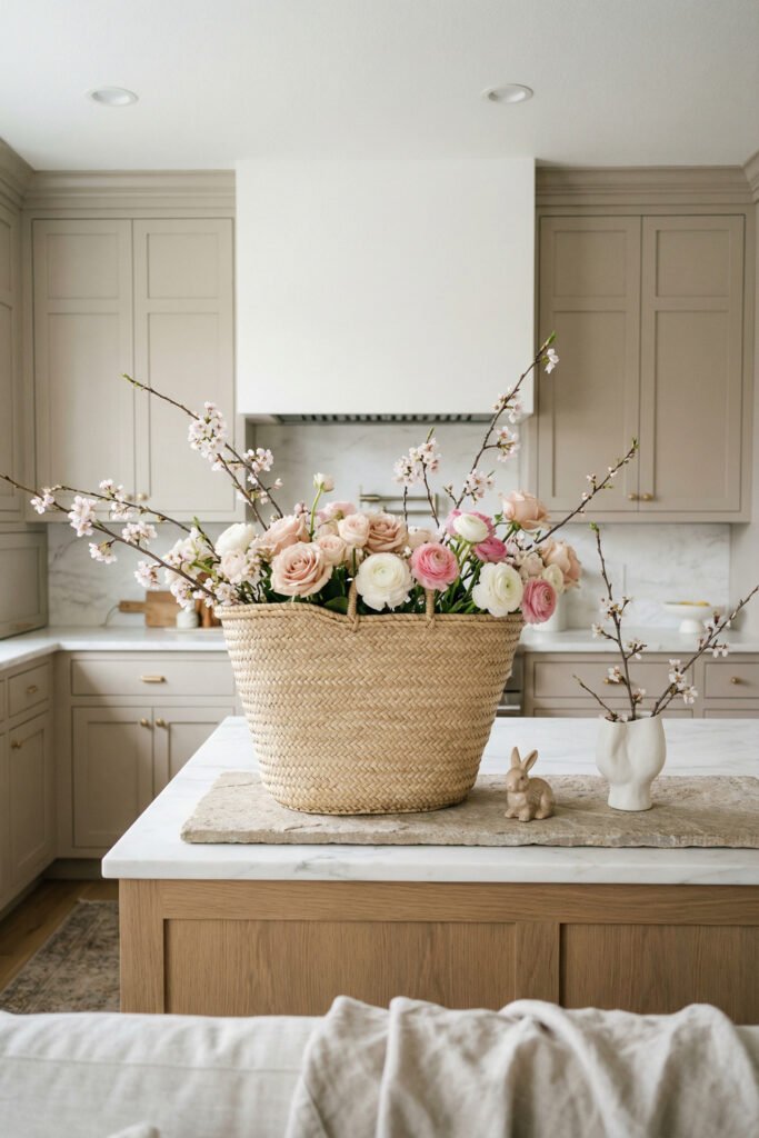 Greige kitchen island with a straw basket of blush roses and ranunculus, blossoming branches, a bunny figurine, and a small white vase for spring kitchen décor
