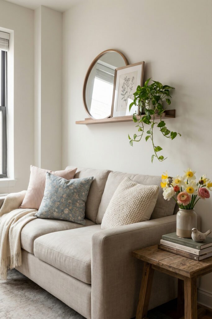 Light neutral sofa with blue and blush pillows, floating shelf, round mirror, trailing plant, and fresh flowers in airy spring living room décor.
