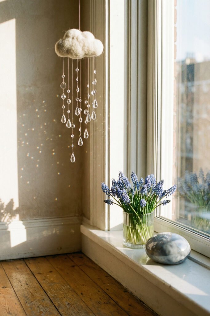 Spring Window Display Ideas For A Light-Filled Season 6 Sunlit windowsill with blue muscari in a ribbed glass vase and a hanging cloud mobile with crystal raindrops for a whimsical spring window display.