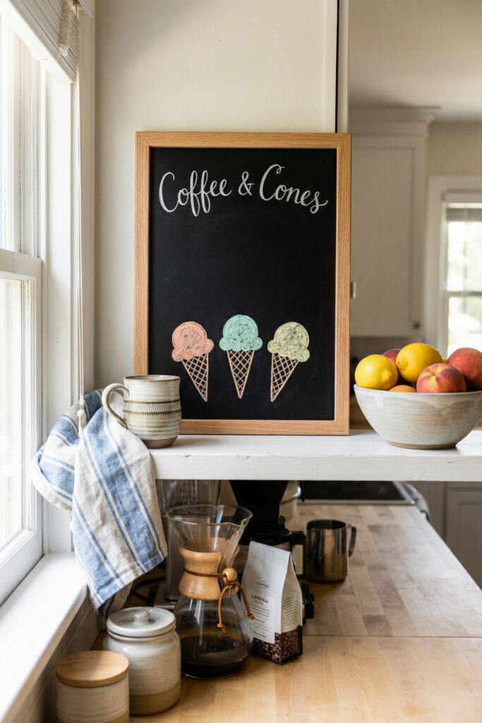 Summer Chalkboard Ideas That Brighten Every Corner 9 Kitchen counter chalkboard reading Coffee & Cones with pastel ice cream cones beside coffee maker, mug, and fruit bowl.