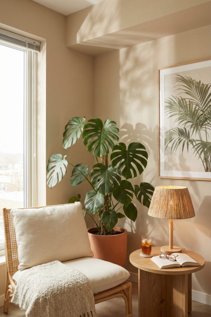 Summer Décor Ideas for an Airy, Collected Home 7 Warm reading corner with rattan chair, monstera plant, wood side table, pleated lamp, and botanical art in earthy summer decor.