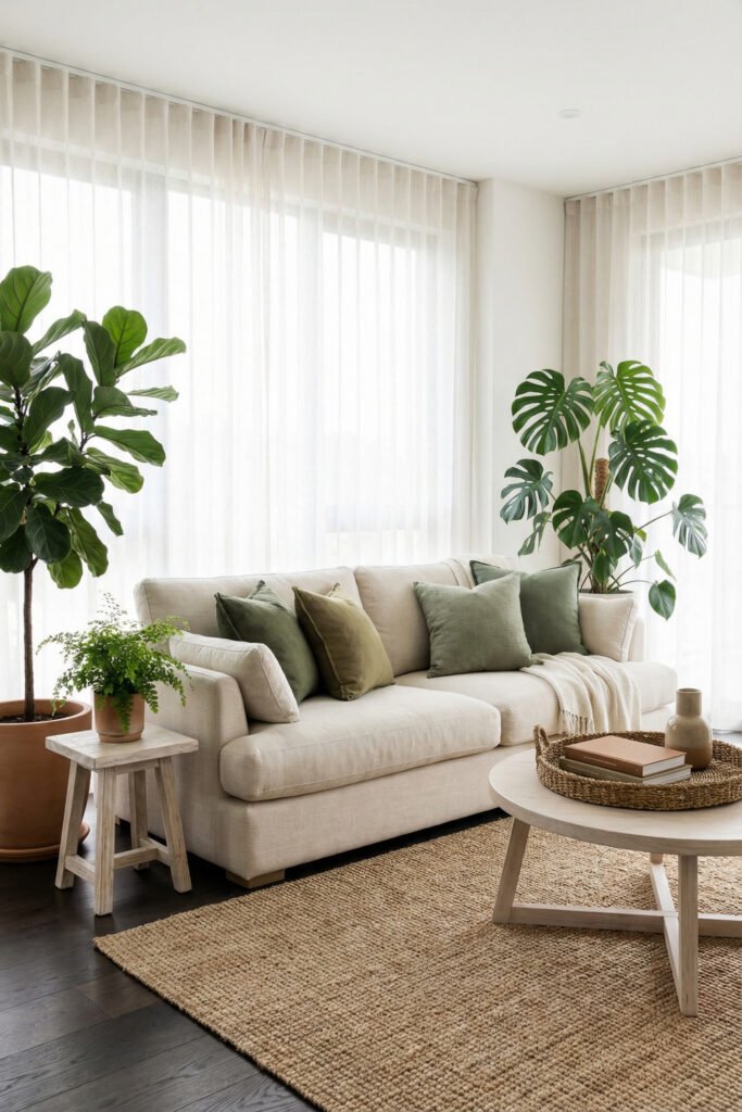 Botanical living room with green pillows, white sofa, monstera and fiddle leaf plants, woven tray, and soft sheer curtains.

