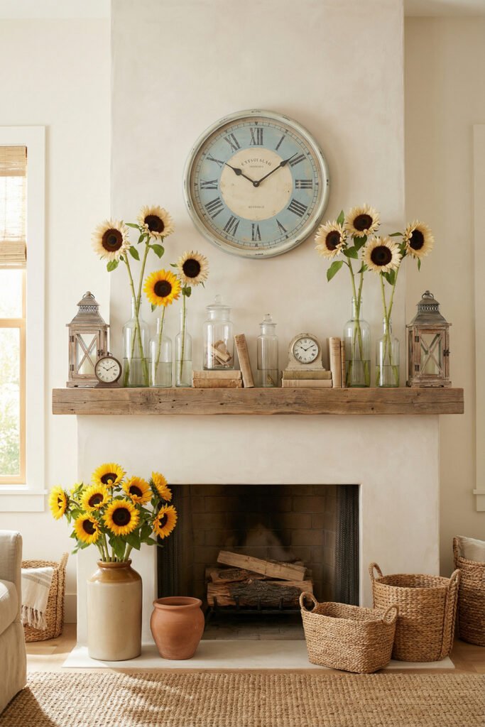 Rustic wood mantel with sunflowers, vintage clock, lanterns, books, and woven baskets for cheerful farmhouse summer mantle décor.
