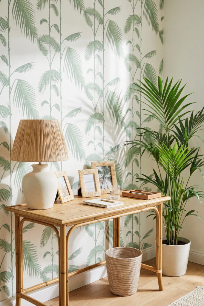 Bamboo desk with palm wallpaper, textured lamp, woven frames, and potted palm for tropical Summer Office Decor in a small workspace.
