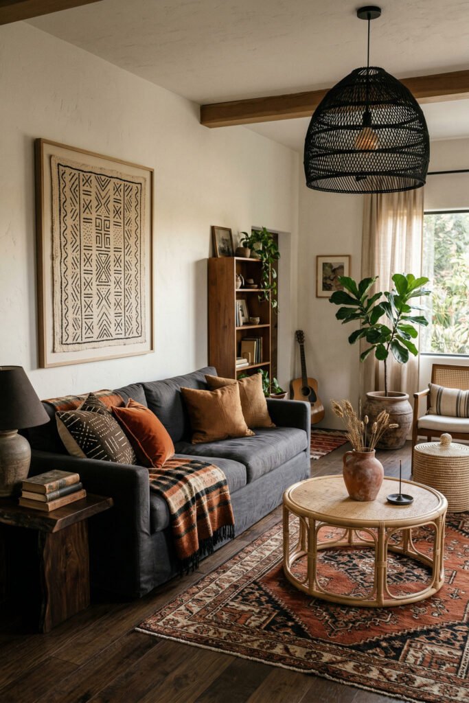 Moody living room with charcoal sofa, rust vintage rug, rattan coffee table, black pendant, framed textile art, and earthy accents in Afro Boho Decor style.
