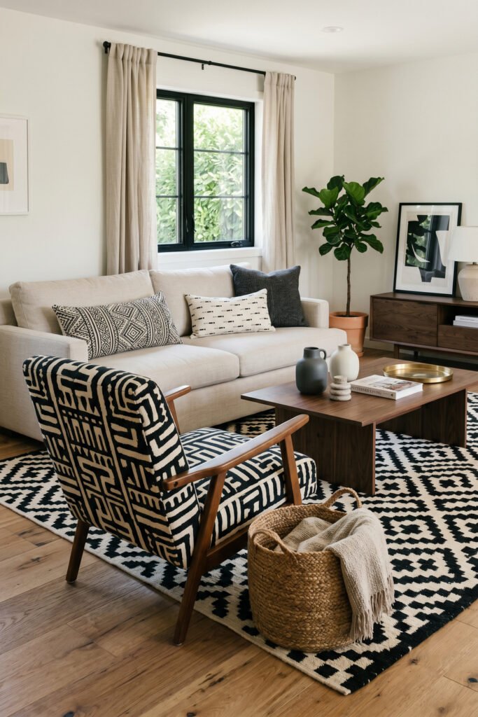 Neutral living room with bold black and white accent chair, patterned rug, beige sofa, wood coffee table, and potted tree.
