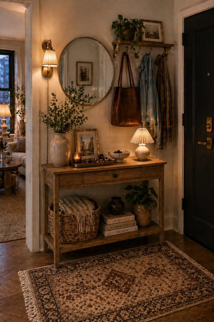 Styled apartment entryway with mirror, hooks, console table, plants, lamp, and vintage apartment vibes decor ideas
